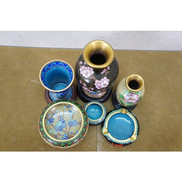 Blue 6 Chinese Brass Cloisonne Enameled Floral Vases Brush Bowls Ashtray Dishes For Sale - Image 8 of 17