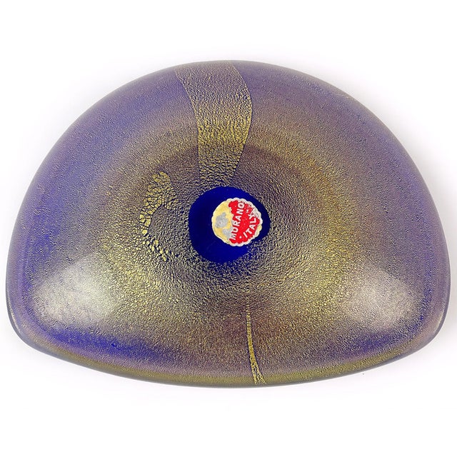 Mid 20th Century Vintage Seguso Murano 1956 Sapphire Blue Tan Gold Flecks Italian Art Glass Midcentury Decorative Bowl For Sale - Image 5 of 7