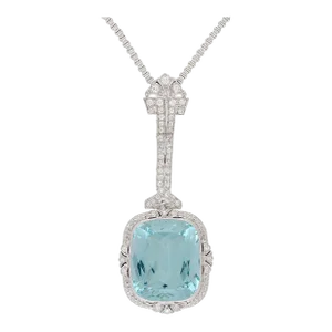 Vintage Art Deco Era GIA Certified Aquamarine and Old Euro Cut Diamond Necklace