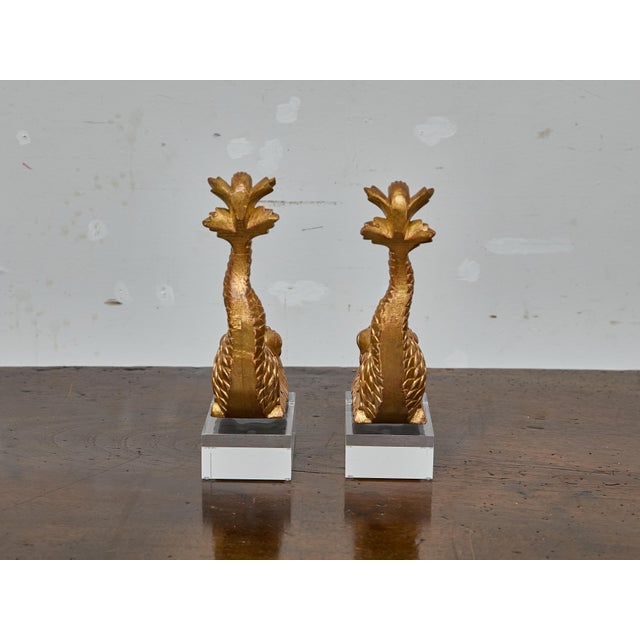 Pair of Baroque Style Giltwood Dolphin Carvings on Lucite Bases, 19th Century For Sale In Atlanta - Image 6 of 7