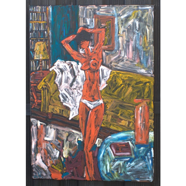 The central motif of the painting is a female nude, rendered in rich red-orange tones, which serves as the emotional focal...