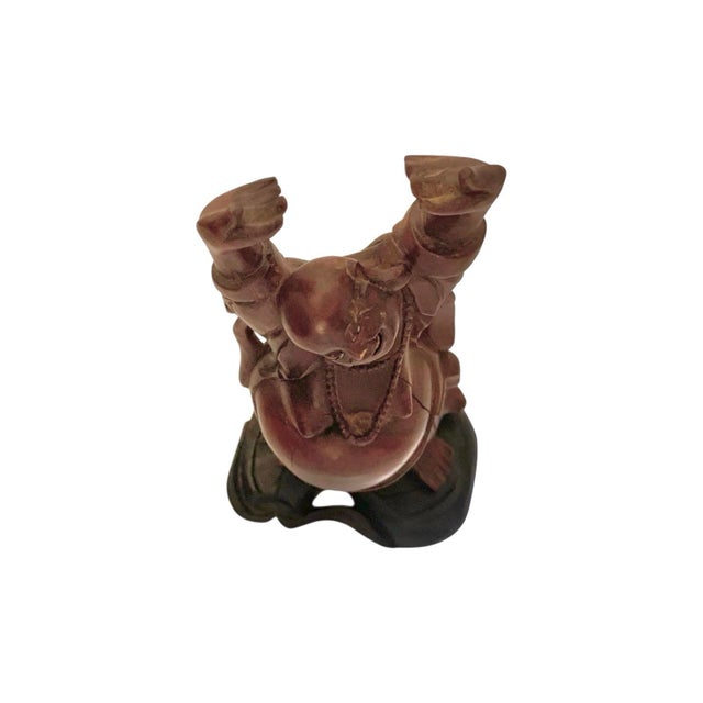 Brown Late 20th Century Buddha Sculpture Carved Wood With Inlaid Eyes and Teeth Vintage Chinese Wealth Figure For Sale - Image 8 of 9