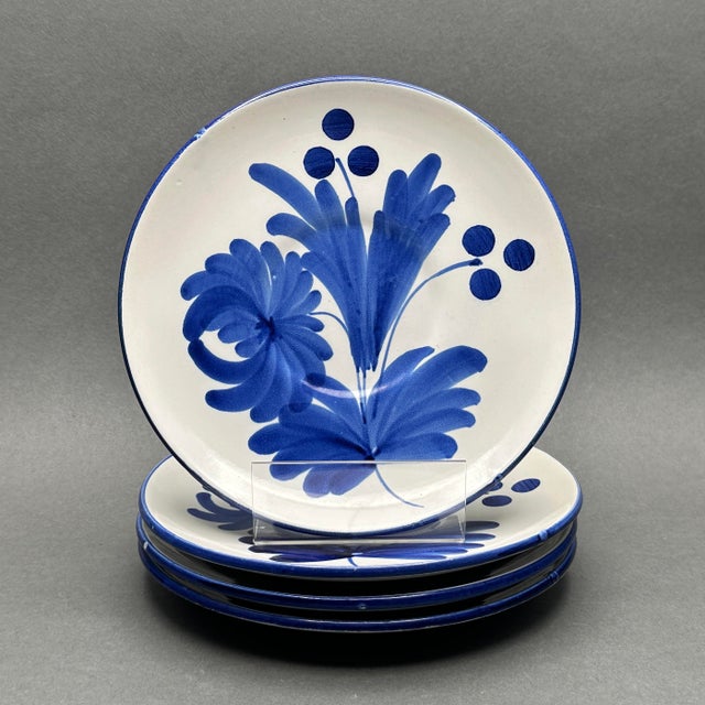 Antique French Pv Peasant Village Blue Floral Tea Saucers, Circa 1920’s - Set of 4 For Sale - Image 4 of 6