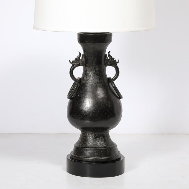 Pair of Mid-Century Iron Dragon Amphora Chinoiserie Table Lamps W/ Ring Details For Sale In New York - Image 6 of 15