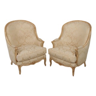 Pair Damask Upholstered French Louis XV Bergere Chairs For Sale