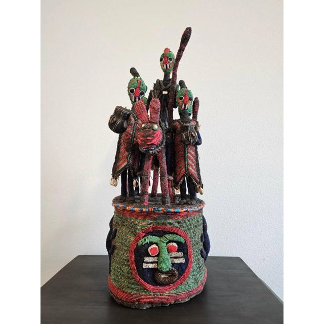 A scarce large vintage African tribal beaded ceremonial crown altar headdress, the Yoruba peoples, Nigeria, West Africa,...