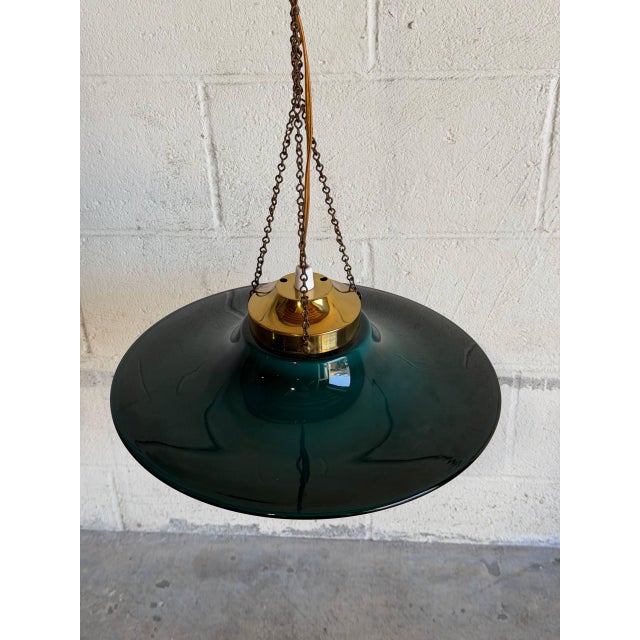 Mid-Century Modern Mid 20th Century Mid-Century Modern Green Glass and Brass Pendant Ceiling Light For Sale - Image 3 of 10