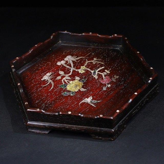 Wood Late 20th Century Hexagonal Wood Tray With Mother-of-Pearl Bird and Floral Inlay For Sale - Image 7 of 10