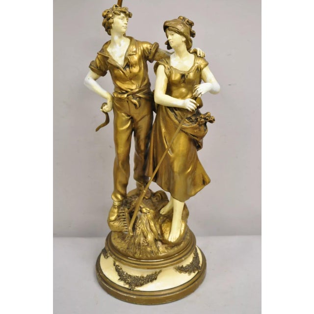 Renaissance Antique French Renaissance Moreau Figural Metal Table Lamp, Wife & Farmer For Sale - Image 3 of 12
