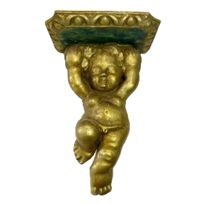 18thc Large French Rococo Louis XV Carved Giltwood Cherub Sculpture/ Wall Shelf/ Wall Bracket