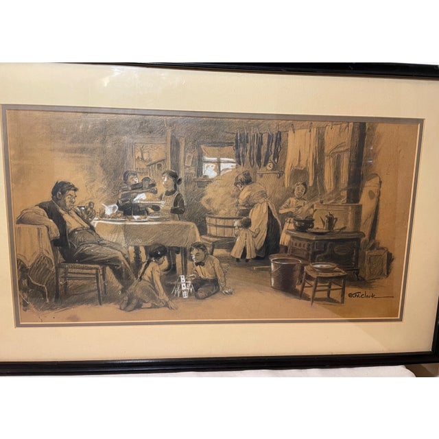 Figurative Antique orig.l Egbert Norman Clark Charcoal Pencil Gouache Family Drawing Sketch For Sale - Image 3 of 16