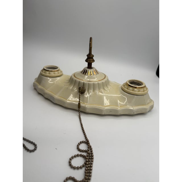 Art Deco Vintage Art Deco Ivory & Gold Porcelain Pull-Chain Ceiling Light For Sale - Image 3 of 11