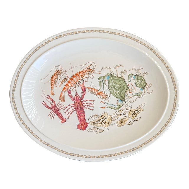 Vintage Ljungberg Coquillage 14” Ceramic Serving Platter Lobster Shrimp Crab Seafood For Sale
