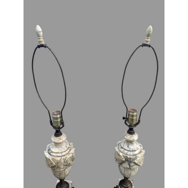 Hollywood Regency Vintage Carved Marble Alabaster Urn Table Lamps Neoclassical Hollywood Regency - a Pair For Sale - Image 3 of 8