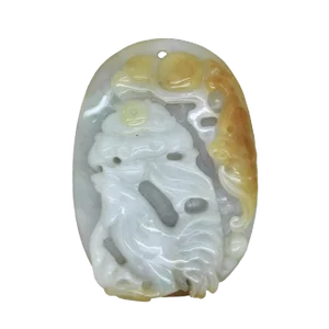 Natural Green Yellow Jade Pendant With Lucky Zodiac Rooster, Bat & Fortune Figure