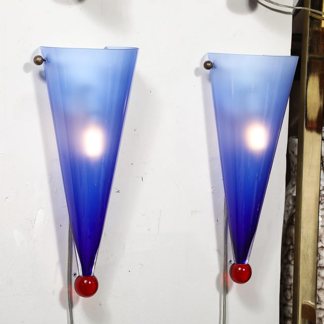 Blue Mid-Century Hand-Blown Periwinkle Murano Glass Conical Sconces Signed Cenedese For Sale - Image 8 of 16