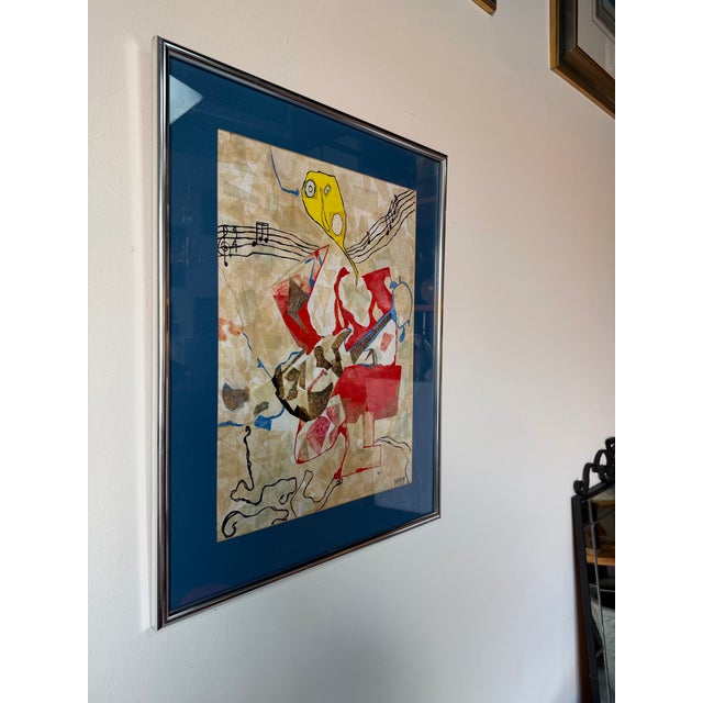 Striking vintage mixed media abstract composition featuring layered paper collage elements combined with expressive...