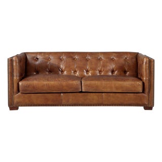 Tuxedo Leather Sofa - Light Brown For Sale
