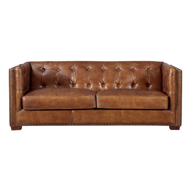 Tuxedo Leather Sofa - Light Brown For Sale