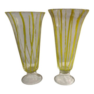 Vintage Handblown Glass Vases With Yellow Swirled Ribbons - A Pair For Sale