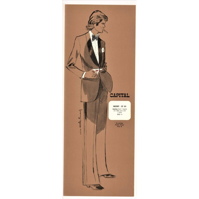 These are a set of 2 bespoke tailoring samples for men's classic formal wear, c 1970s. They each feature "smoking" tuxedos...