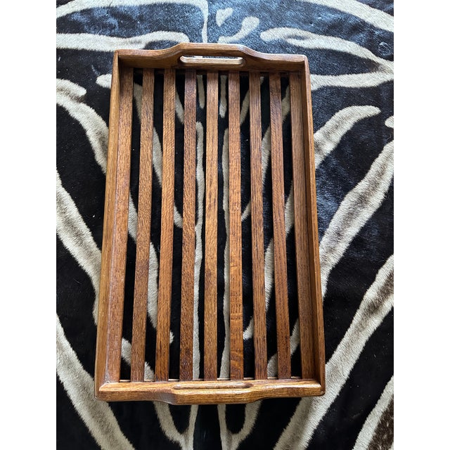 Mid-Century Modern Vintage 1970’s Large Oak Slat Tray With Handles For Sale - Image 3 of 17
