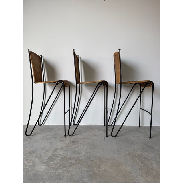 1970's Frederic Weinberg Style Rattan & Iron Bar Stools - Set of 3 For Sale - Image 4 of 14