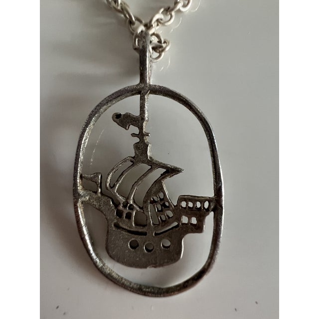 Sterling Silver Necklace With a Multi-Masted Sailing Ship Pendant Inside an Open Oval Wire Frame For Sale - Image 4 of 6
