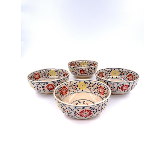 Set of 4 Hand-Painted Bat Trang Vietnamese Ceramic Soup Bowls With Floral Motifs For Sale - Image 13 of 13