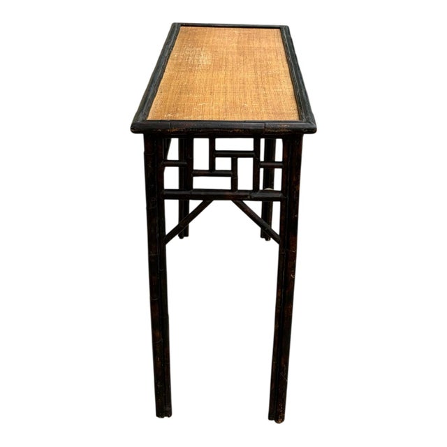English Chinese Chippendale Style Faux Tortoise & Grasscloth Rattan Console Tables Pair For Sale - Image 3 of 8