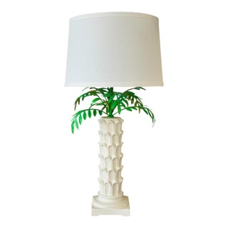 Vintage Italian Tole Palm Table Lamp With Sculptural White Ceramic Column Base For Sale