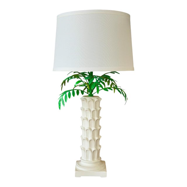 Vintage Italian Tole Palm Table Lamp With Sculptural White Ceramic Column Base For Sale
