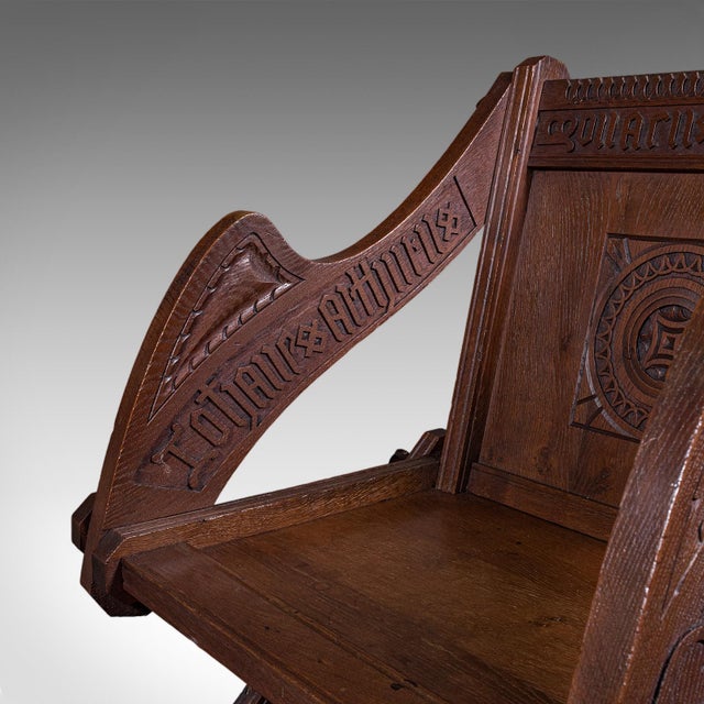 Brown Antique Inscribed Glastonbury Chair, English, Oak, Gothic Armchair, Victorian For Sale - Image 8 of 12