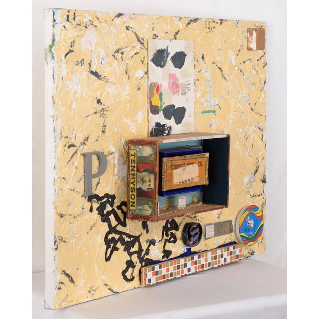 Abstract expressionist oil painting with assembled objects by Bay Area artist Michael Pauker (American, b. 1957). Against...