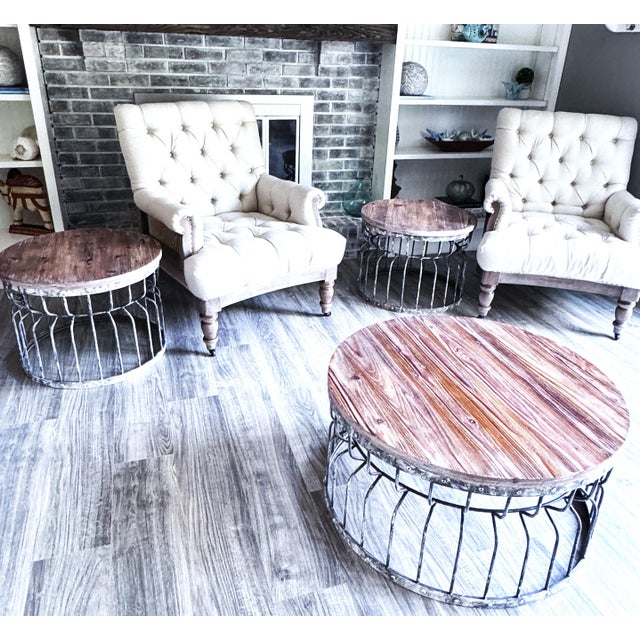 Transitional Reclaimed Wood & Distressed Wrought Iron Coffee & Side Tables Trio For Sale In Chicago - Image 6 of 13
