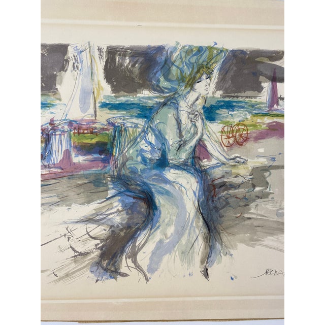 Color lithograph attributed to Jacques Pecnard, depicting a seated figure against a loosely rendered coastal setting with...