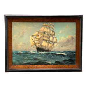 Burlwood Framed "Clipper Ship on Rough Seas" Textured Print, Signed