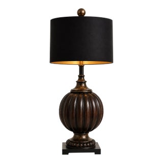 Large Vintage Fluted Melon-Form Table Lamp With Black & Gold Drum Shade – 33″ For Sale