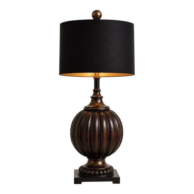 Large Vintage Fluted Melon-Form Table Lamp With Black & Gold Drum Shade – 33″ For Sale