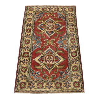 Kazak Rug 2’8” X 4’4” Red Wool Tribal Hand-Knotted Oriental Carpet For Sale
