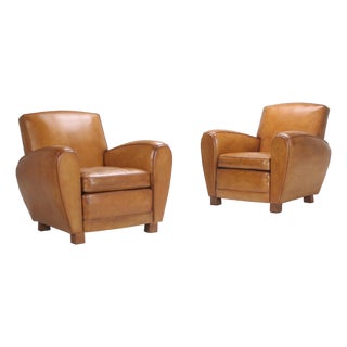 Pair of Art Deco French Leather Club Chairs For Sale