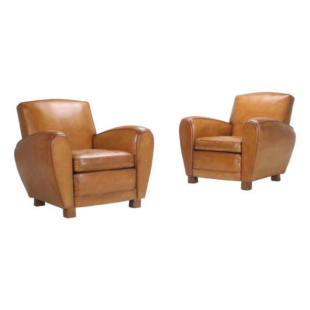 Pair of Art Deco French Leather Club Chairs For Sale