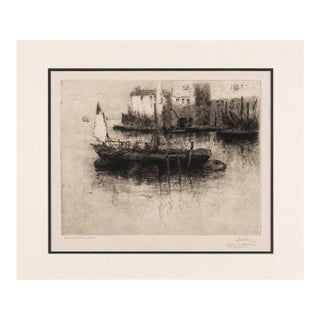 Ludovico Cavaleri (1867-1942) Fishing Boats in Harbor Etching Venice, Italy Signed & Dated 1927 For Sale