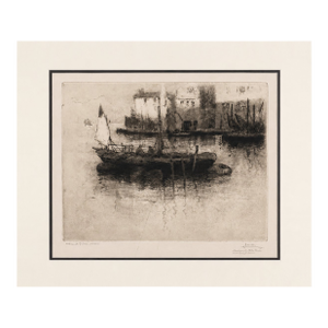 Ludovico Cavaleri (1867-1942) Fishing Boats in Harbor Etching Venice, Italy Signed & Dated 1927