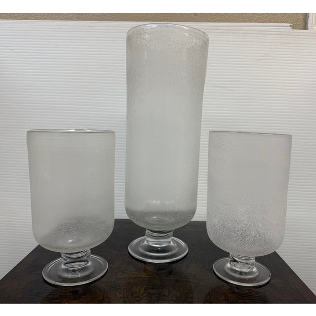 Early 21st Century Frosted Glass Cylindrical Hurricane Vases, Set of Three For Sale - Image 5 of 12
