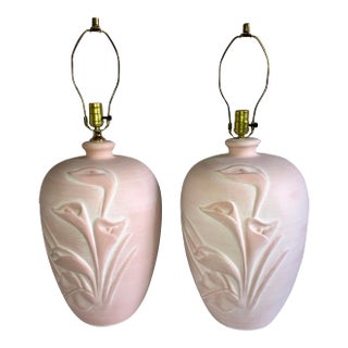 O'Keefe Style 1980's Calla Lily Hand Glazed Blush Pink Plaster Sculpted Table Lamps - A Pair For Sale