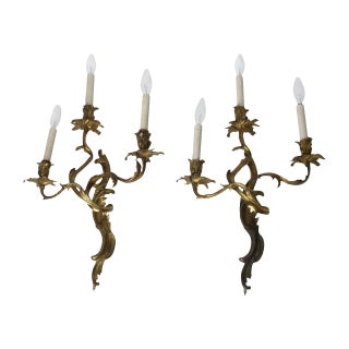 Baroque Bronze 3-Arm Electrified Sconces, A Pair For Sale