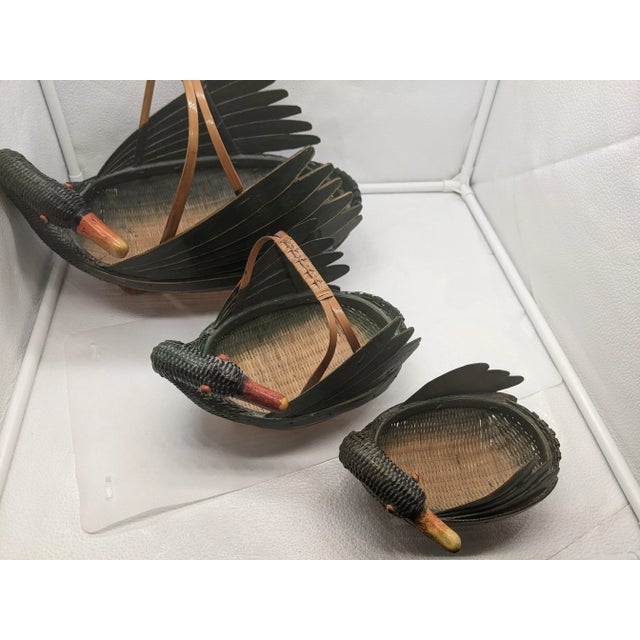 1970s Swan Nesting Bamboo Wicker Baskets Hand Painted Set of 3 For Sale - Image 4 of 9