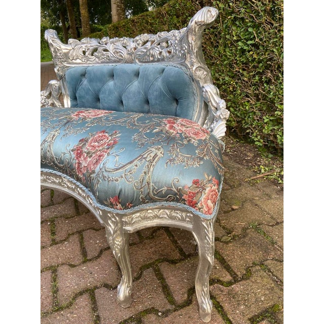 1970s French Louis XVI Blue Silver Beech Settee 1 Pc For Sale - Image 11 of 15