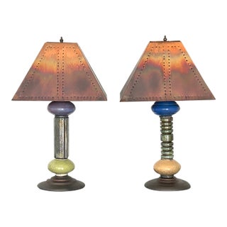 Andrew Wender Studio Pottery Raku Totem Lamps With Custom Copper Shades, Signed - A Pair For Sale